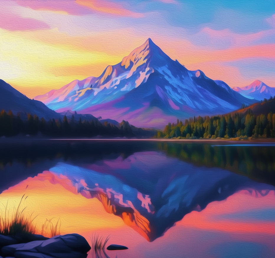 AI-generated image of a digitally sketched lake with a mountain view