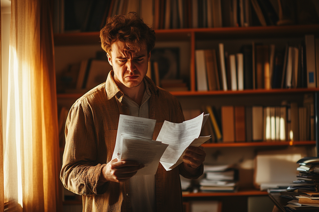 Angry man holding documents in a study | Source: Midjourney