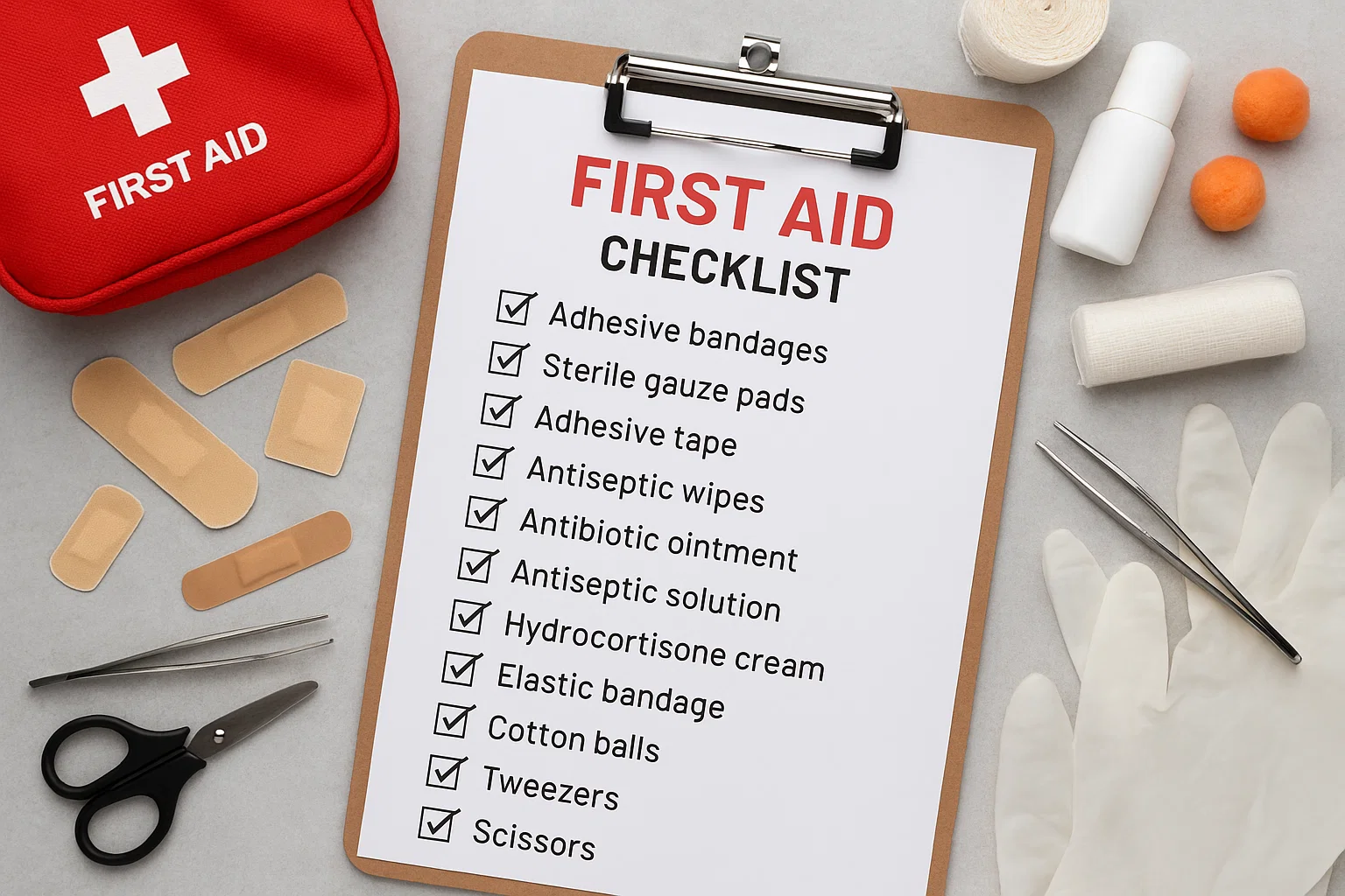 First Aid Kit: An image of a first aid kit alongside a checklist of the items found in it.