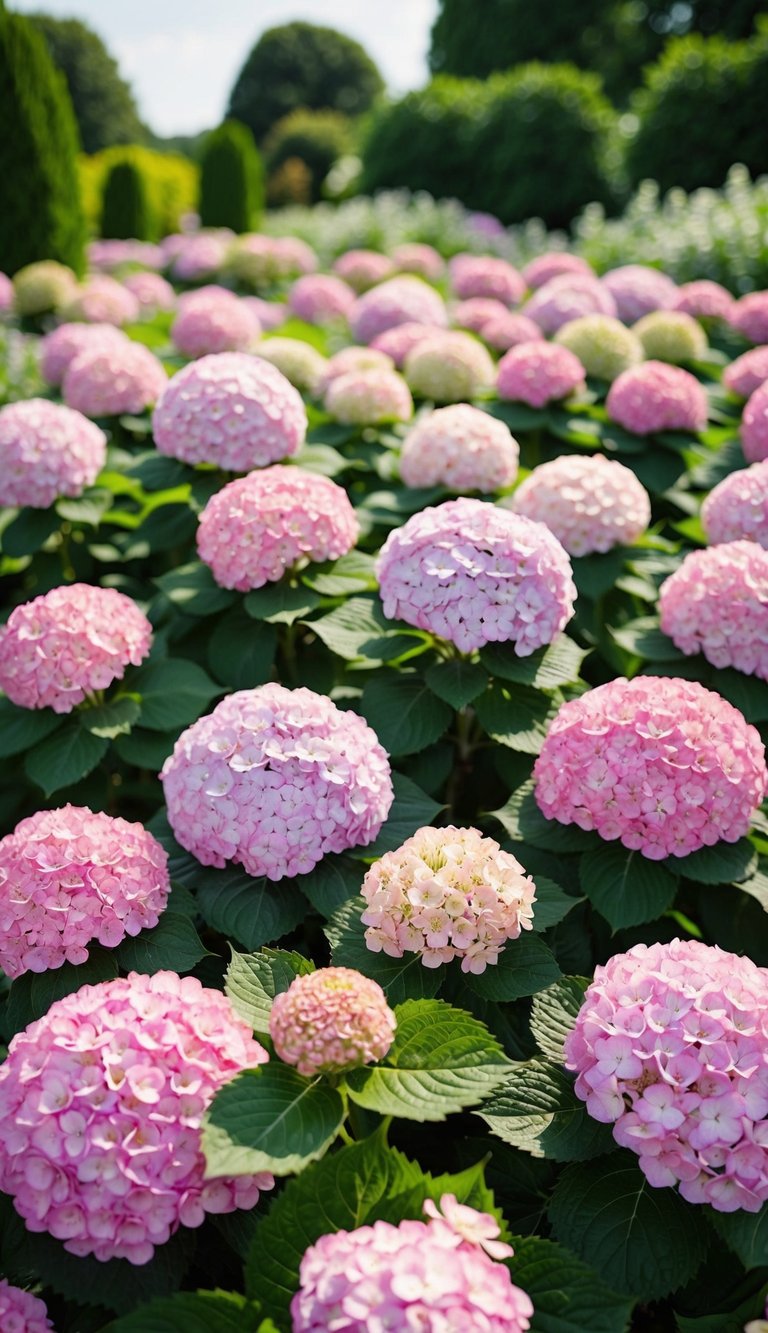 A garden filled with clusters of romantic pink Annabelle hydrangeas, creating a dreamy and picturesque landscape