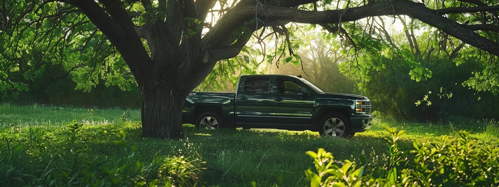 a sleek chevrolet silverado parked under a tree with vibrant green leaves, showcasing its premium insurance coverage in oklahoma.