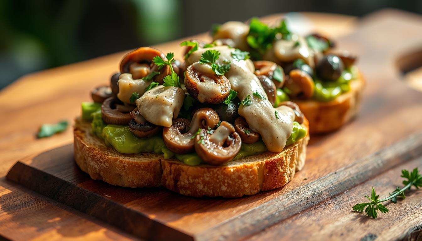 mushroom avocado toast layered with mushrooms and sprinkled with fresh herbs.