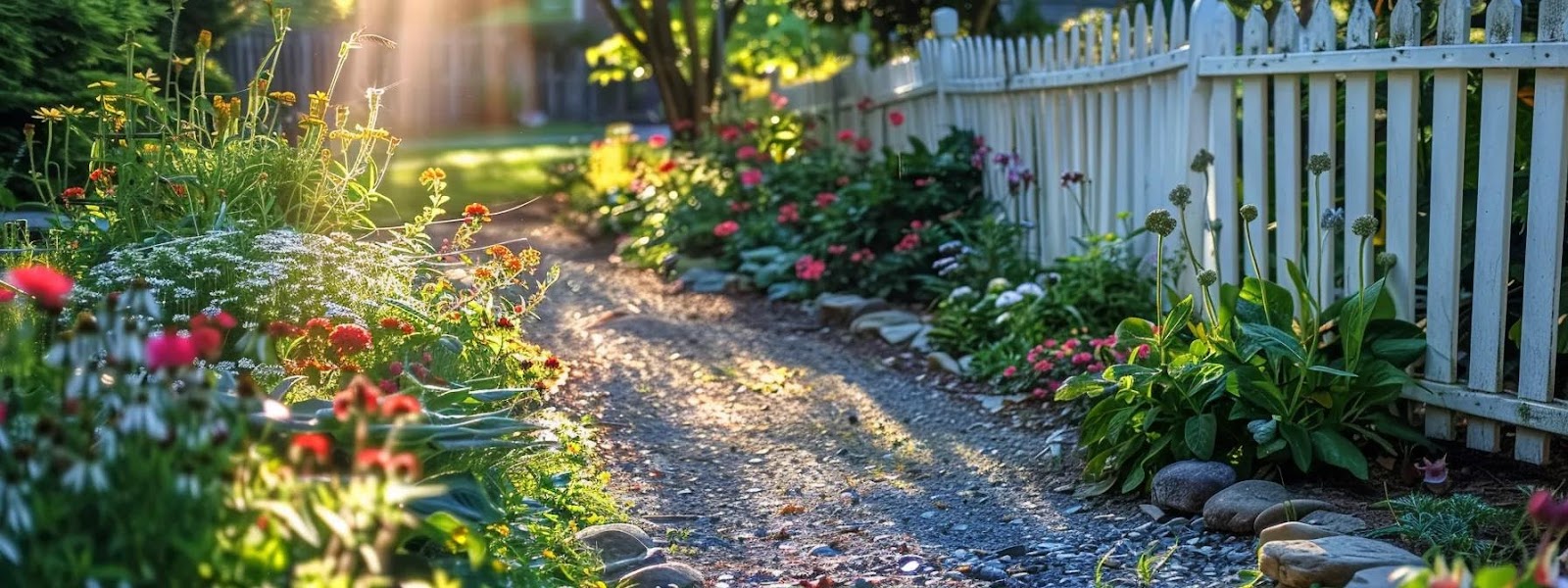 a pristine garden showcases elegant aluminum picket railings, gleaming under soft sunlight, framing vibrant blooms and a serene pathway.