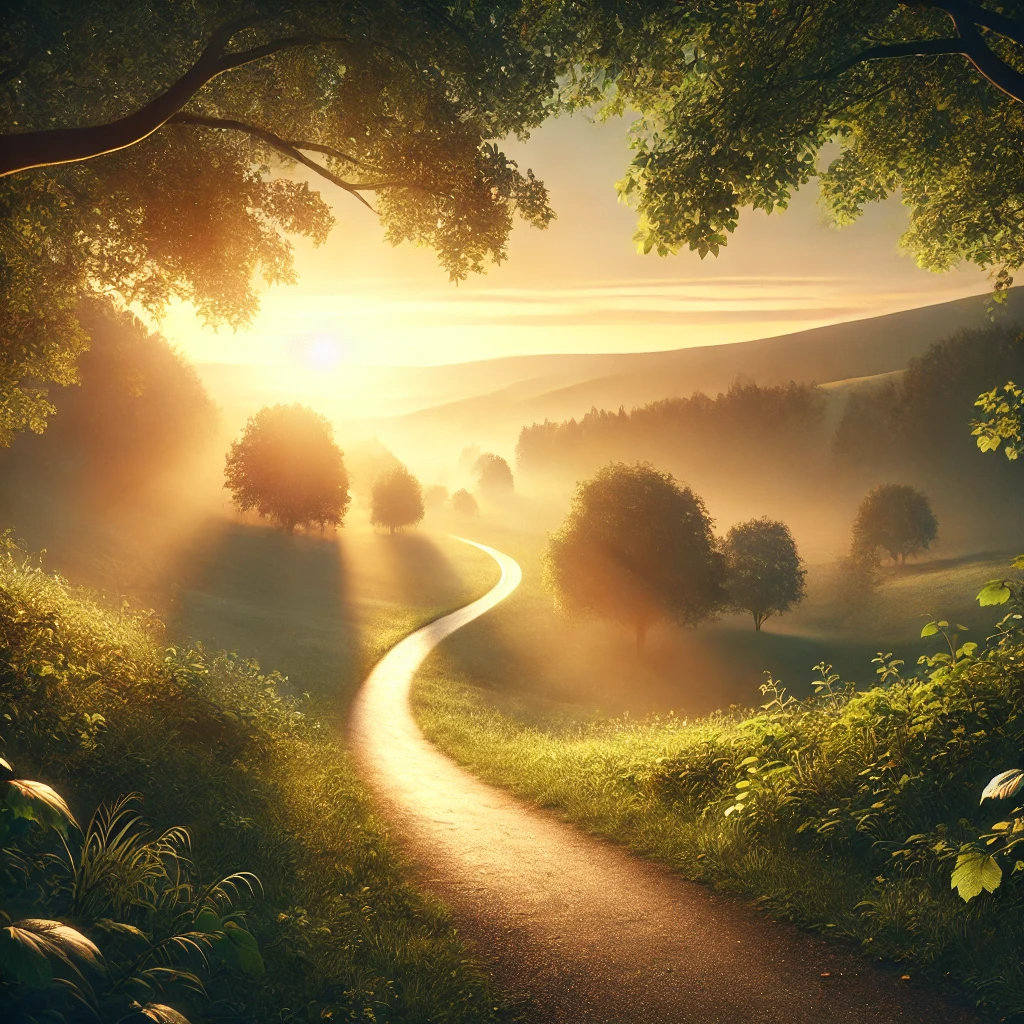 A peaceful early morning scene with soft sunlight breaking through the horizon, illuminating a winding path through a serene landscape. The path is surrounded by greenery, with trees and gentle hills in the distance. The golden light symbolizes hope, renewal, and a promising future, evoking optimism and a sense of a brighter path ahead.