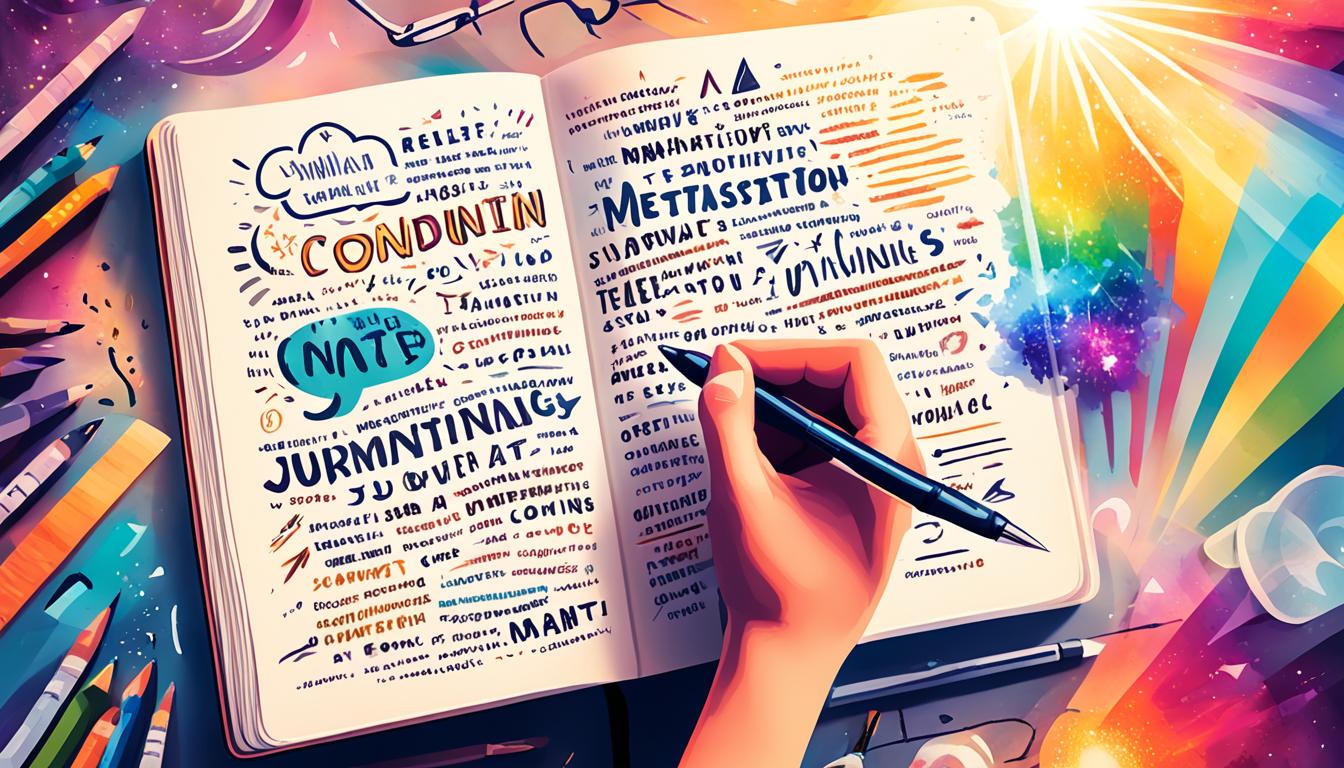 A hand holding a pen while writing in a journal, surrounded by words and affirmations floating in the air. The words are colorful and varied in size, representing the power and energy of manifestation. Rays of light shine onto the page, symbolizing the manifestation coming to life through the act of journaling.