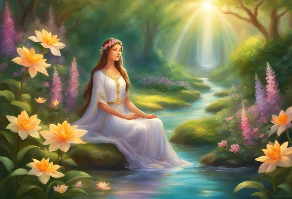 A serene figure meditates in a lush garden, surrounded by blooming flowers and a tranquil stream. The sun casts a warm glow over the scene, creating an atmosphere of peace and spiritual connection