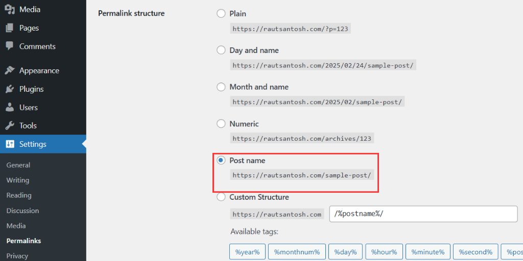 wordpress permalink post name