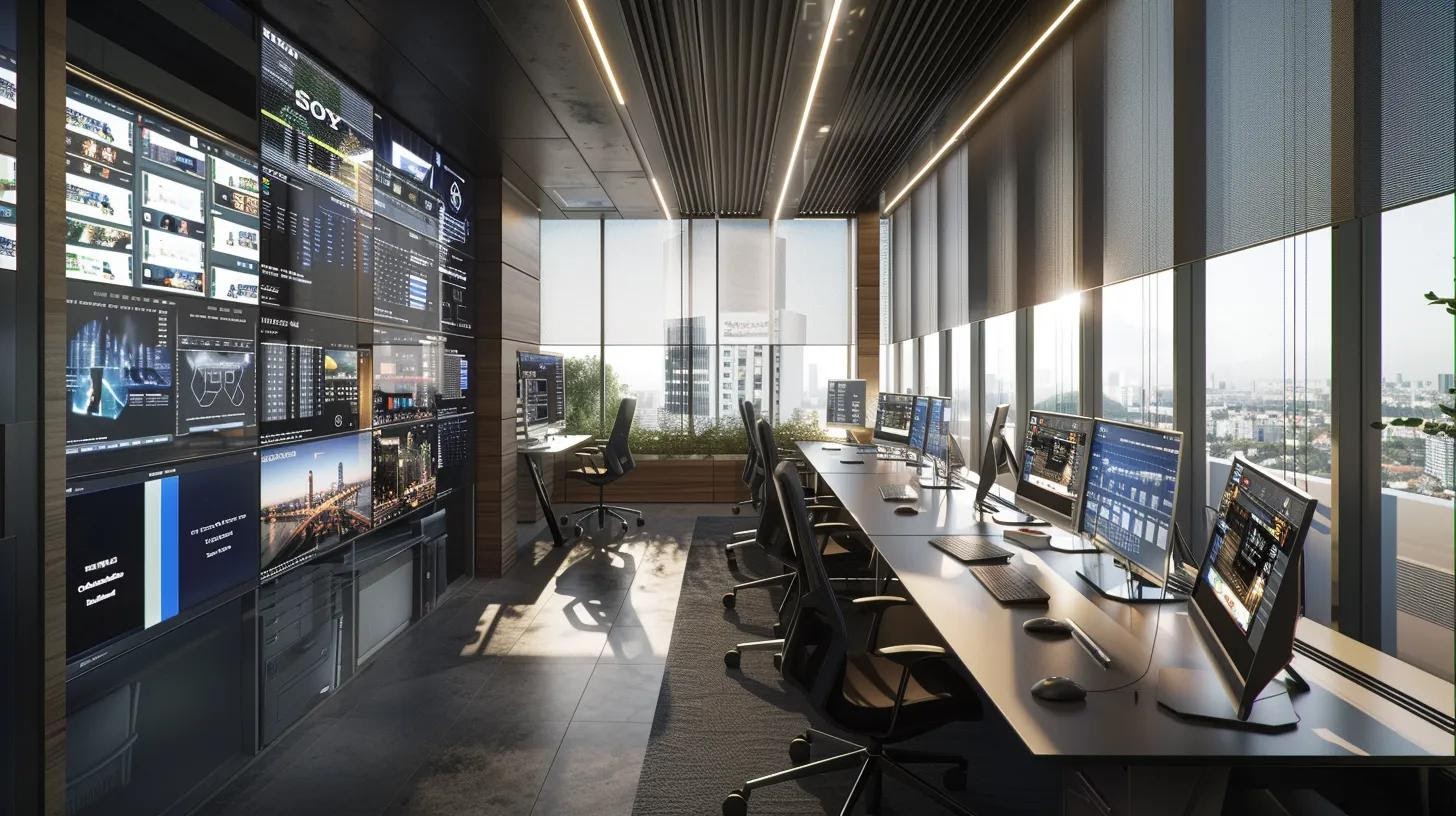 a dynamic urban office setting in brasilito, showcasing multiple screens displaying various responsive web design layouts, highlighting the seamless user interface across devices used by professionals in a contemporary workspace.