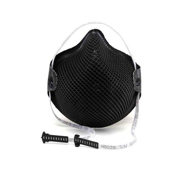 A photo of a black Moldex respirator with headstraps