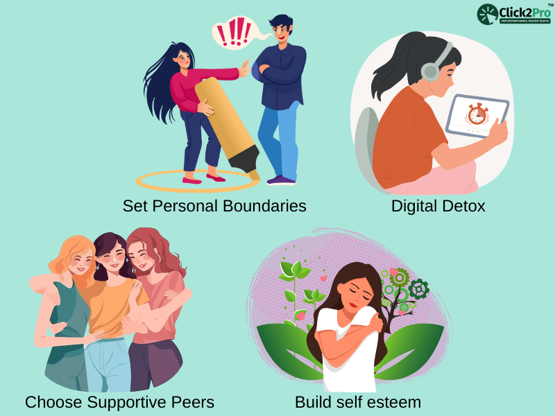 Tips to deal with peer pressure: set personal boundaries, digital detox, supportive peers, and self-esteem.