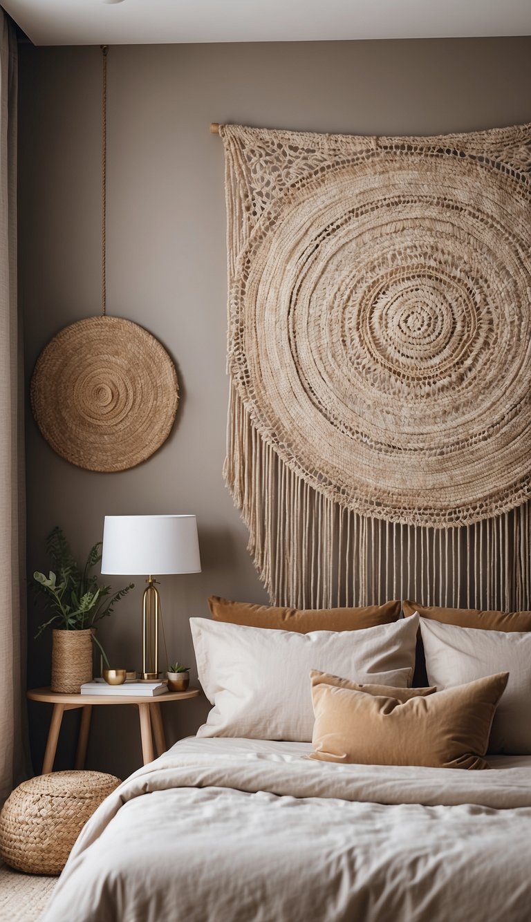 A large woven wall hanging adorns the wall of a serene, neutral-toned bedroom, adding texture and warmth to the space