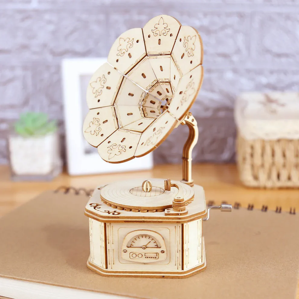 3D Wooden Gramophone Music Box Puzzle Kit for Teens &amp; Adults