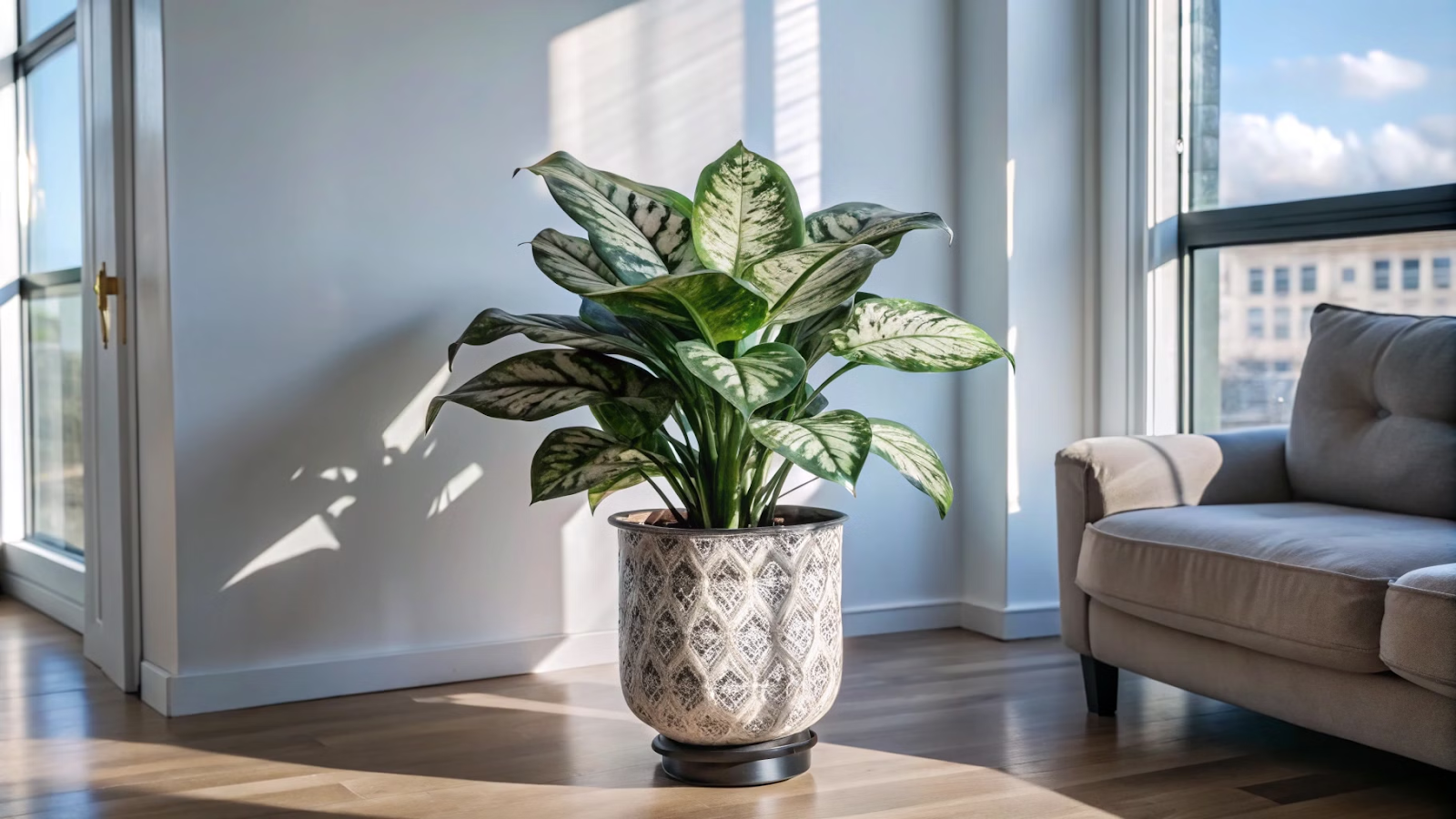 Dieffenbachia Camila em vaso decorativo, posicionada em canto iluminado de uma sala de estar.