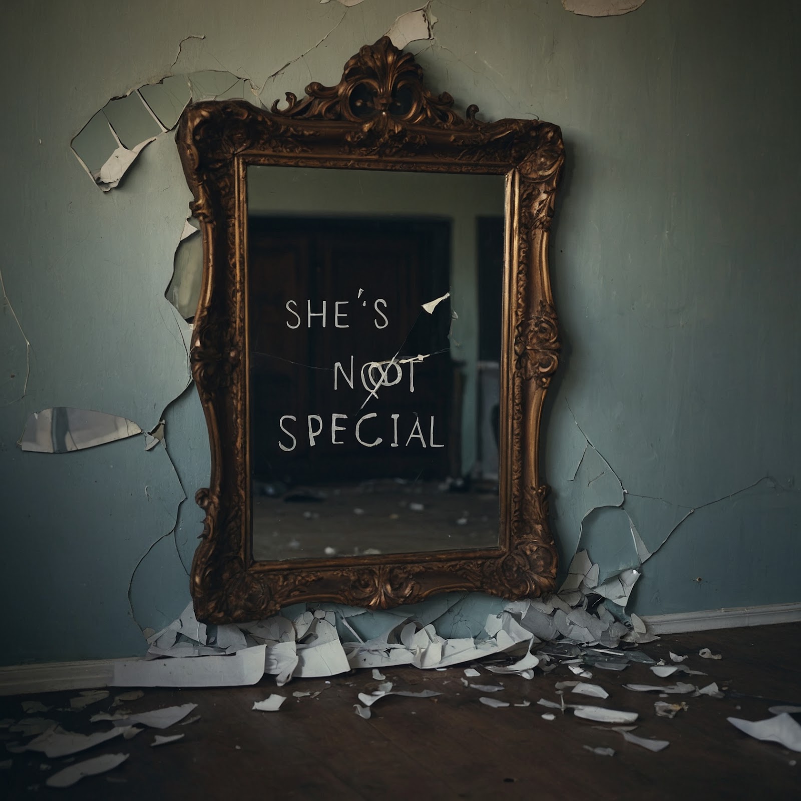 A broken mirror with the words “She’s Not Special” written on it – Destroying the illusion.