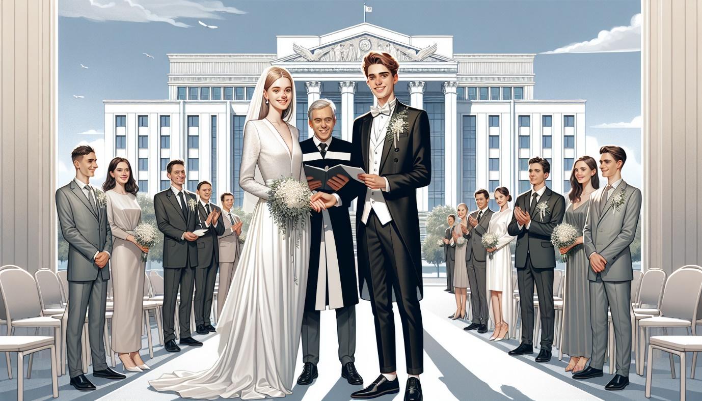 Create a digital illustration of a smiling young white couple dressed in elegant but non-traditional wedding attire, standing in front of a modern government building or city hall. The scene should include a small group of well-dressed guests and an official in formal attire performing the ceremony. Do not add any text elements.