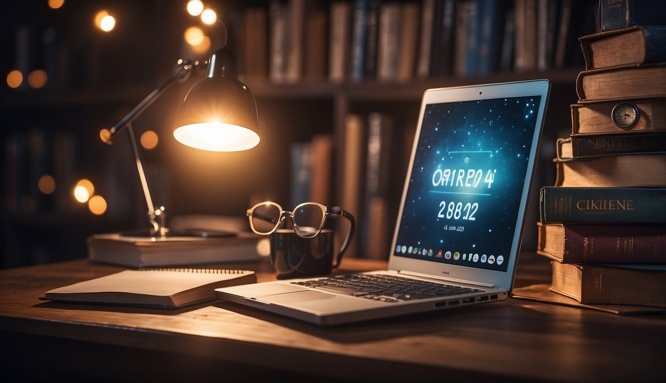 A calendar surrounded by educational books, a laptop, and event flyers, with a spotlight shining on it