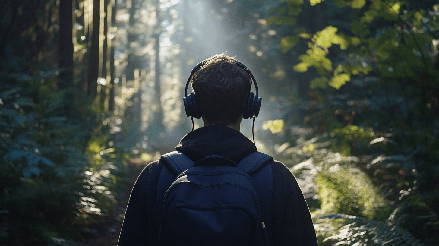 A scenic forest trail with sunlight streaming through trees, person walking calmly through nature with headphones, high and peaceful vibe
