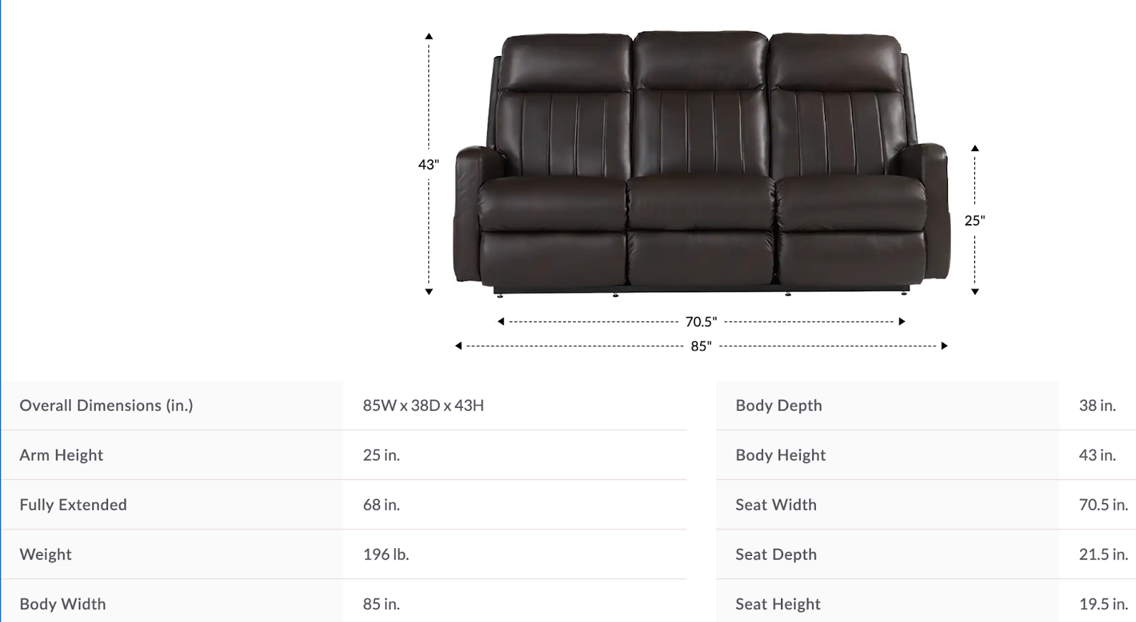 finley wall reclining sofa size and dimensions