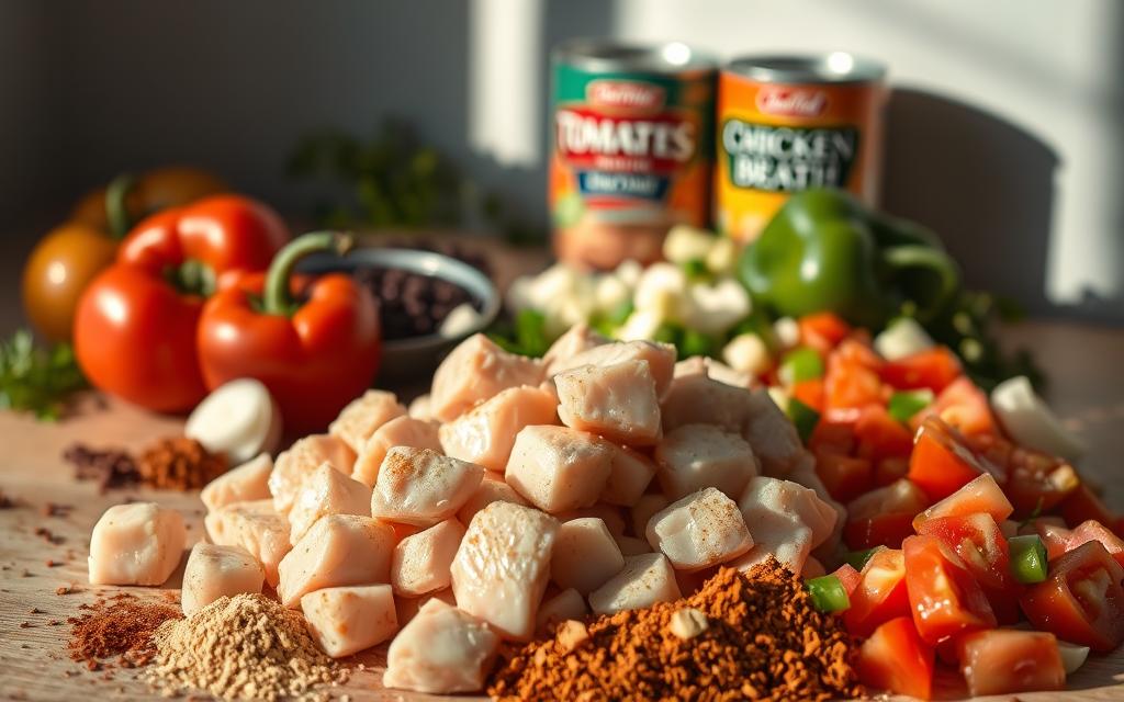 A vibrant still life capturing the essential ingredients for a hearty slow cooker chicken taco soup. In the foreground, a pile of cubed chicken breasts, glistening with a light coating of olive oil. Beside them, a scatter of spices - chili powder, cumin, garlic powder, and a pinch of cayenne - their warm hues creating a rustic contrast. In the middle ground, an array of diced bell peppers, onions, and tomatoes, their textures and colors radiating a sense of freshness. In the background, a trio of cans - black beans, diced tomatoes, and chicken broth - casting long shadows, hinting at the depth of flavor to come. The scene is illuminated by soft, natural lighting, casting gentle shadows and highlighting the ingredients' vibrant tones.