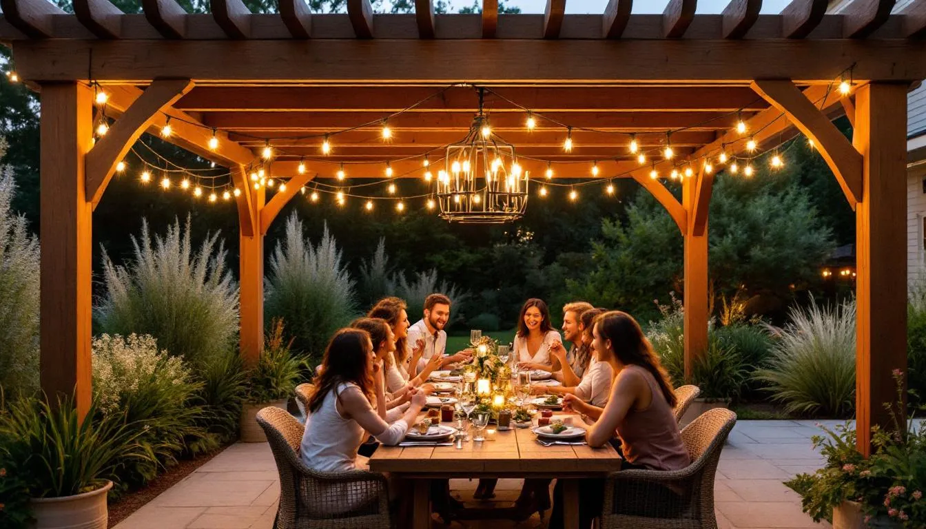 An inviting outdoor dining space features a stylish freestanding pergola adorned with string lights and elegant weatherproof chandeliers, creating a warm ambiance. A large table is set beneath the pergola's roof, where guests are enjoying a meal together, making it a perfect setting for entertaining family and friends in a luxurious outdoor oasis.