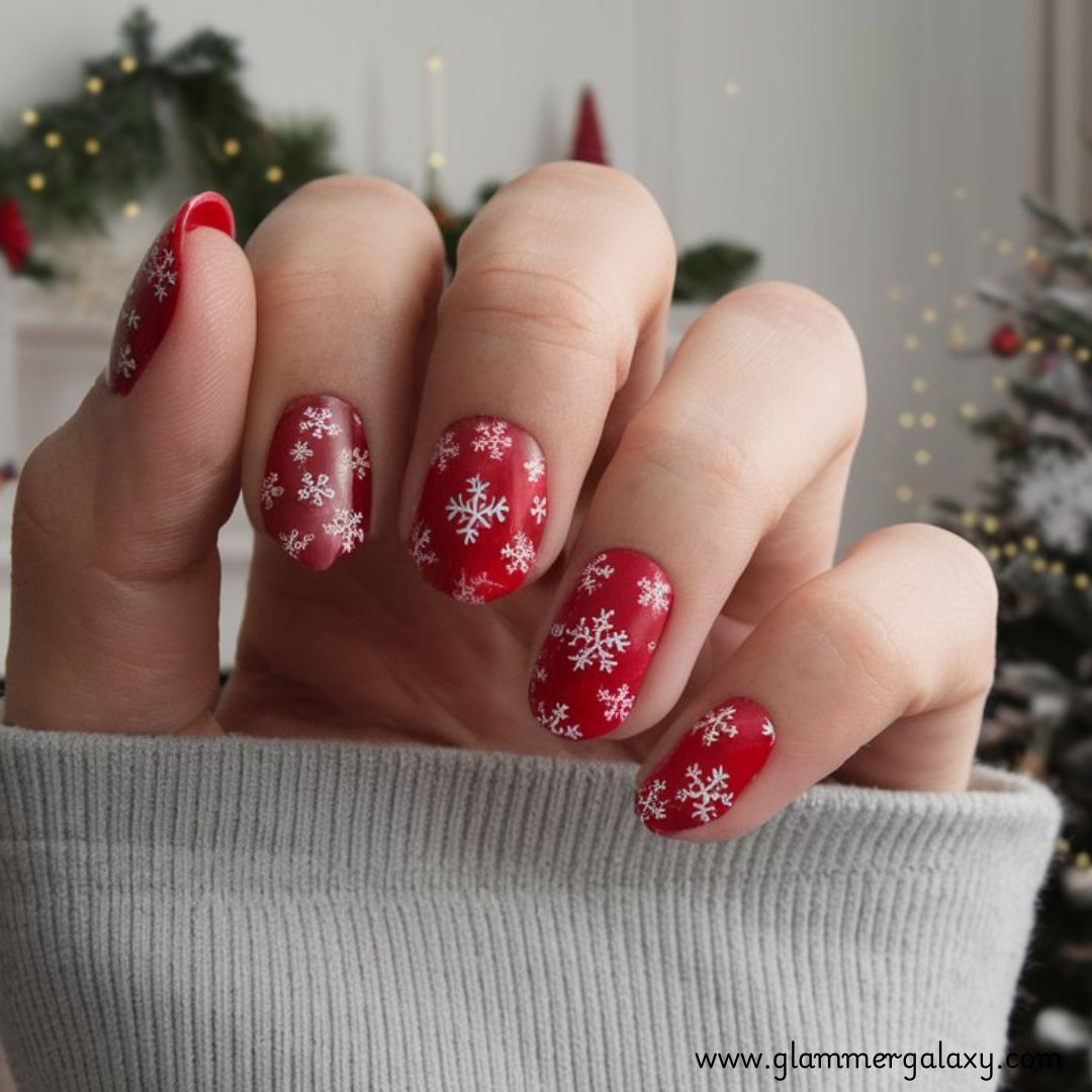 Snowflake Nails having Festive Winter Red Nail Art
