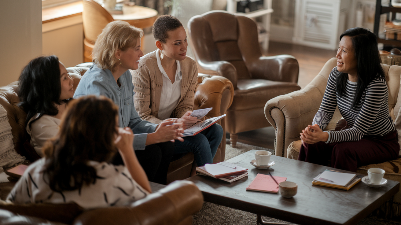 Create a realistic image of a diverse group of women (white, black, Asian) of different ages in a comfortable living room setting, engaged in a thoughtful discussion, with notebooks and cups of tea nearby, soft warm lighting creating an intimate atmosphere, suggesting a conversation about personal factors affecting satisfaction in relationships.