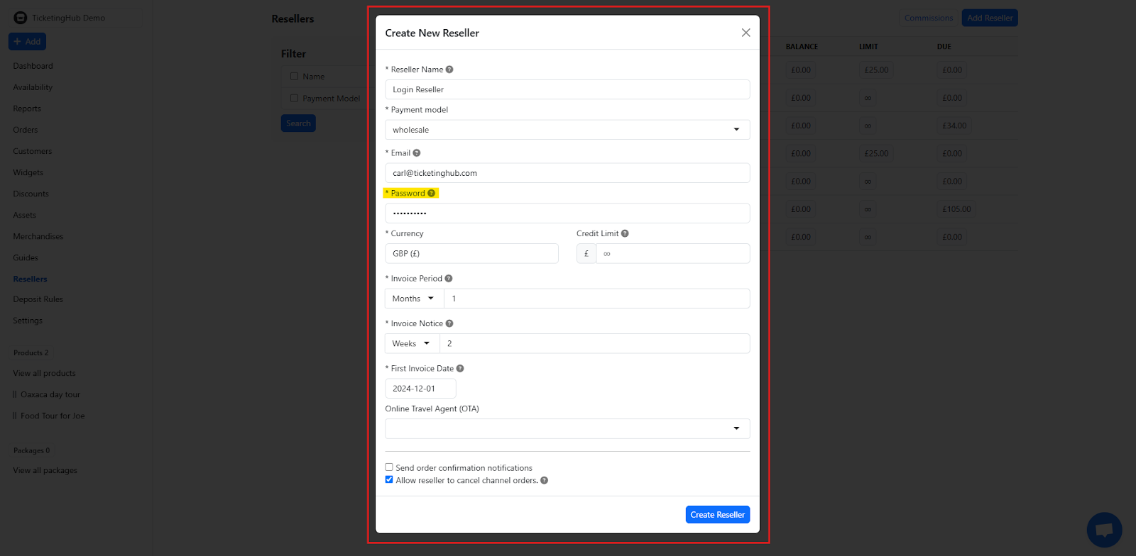 Set up a password for log-in based resellers.