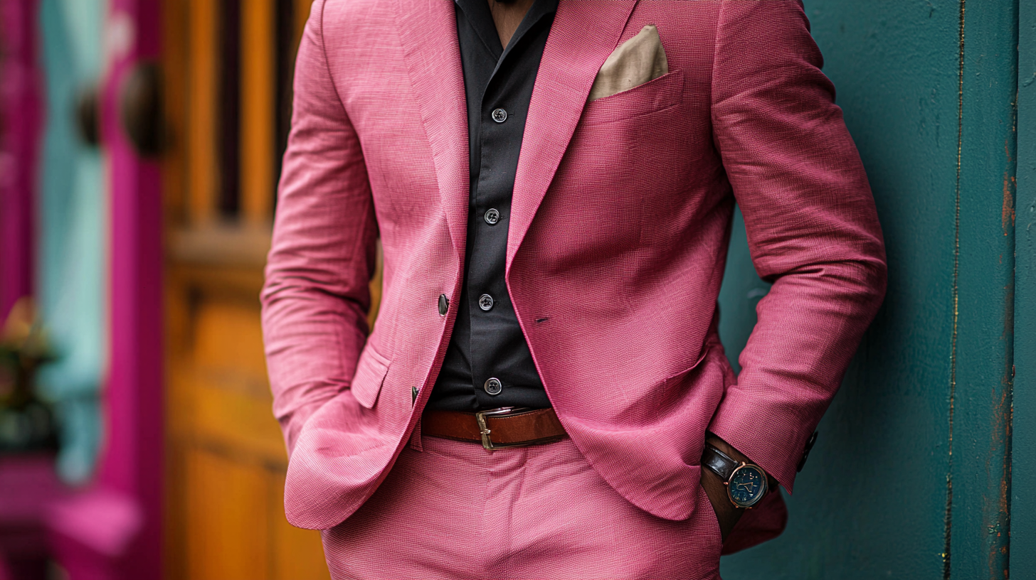 
A man wearing a pink suit, complemented by stylish shoes and hats. 1. Shoes: A pair of polished black or brown leather shoes, showcasing a sleek and sophisticated look. For a more relaxed twist, dark suede shoes are worn with the suit, adding texture and depth. 2. Hats: A simple, elegant fedora or panama hat in neutral tones like beige, perched stylishly on the man’s head, complementing the overall outfit. The setting is an upscale outdoor or indoor venue with soft lighting, focusing on the details of the shoes and hats against the vibrant pink suit. Photorealistic style with emphasis on the polished accessories.