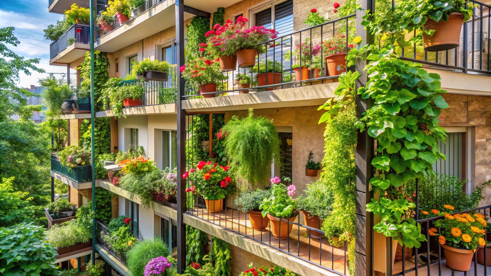 Jardim vertical em varanda de apartamento com plantas variadas.