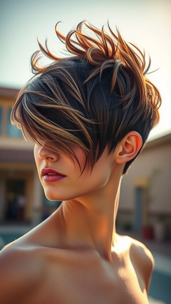 A model with a textured pixie cut featuring tousled layers and highlights