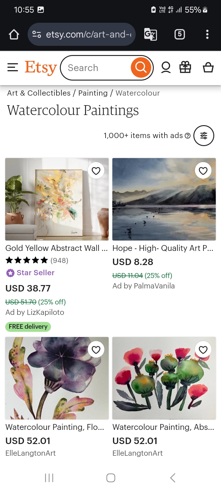 Screenshot showing watercolor paintings on Etsy