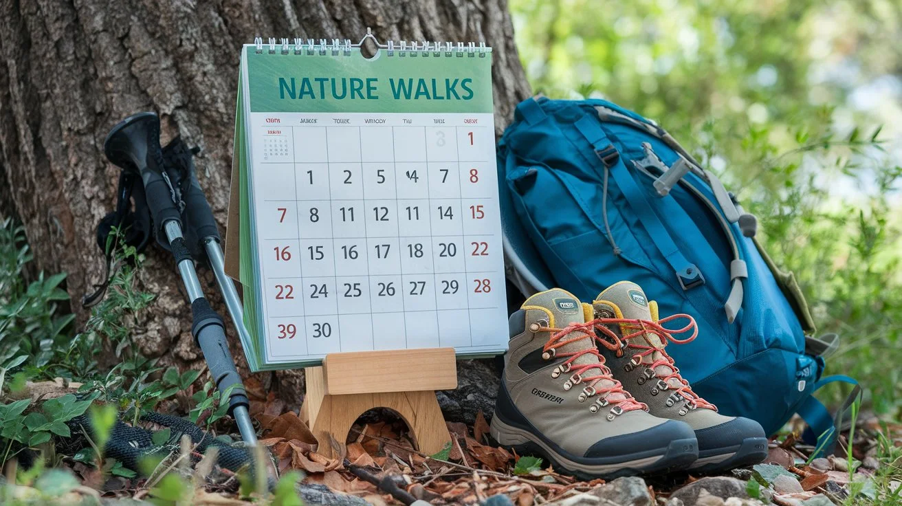 A calendar with days marked for nature walks, surrounded by greenery and outdoor gear