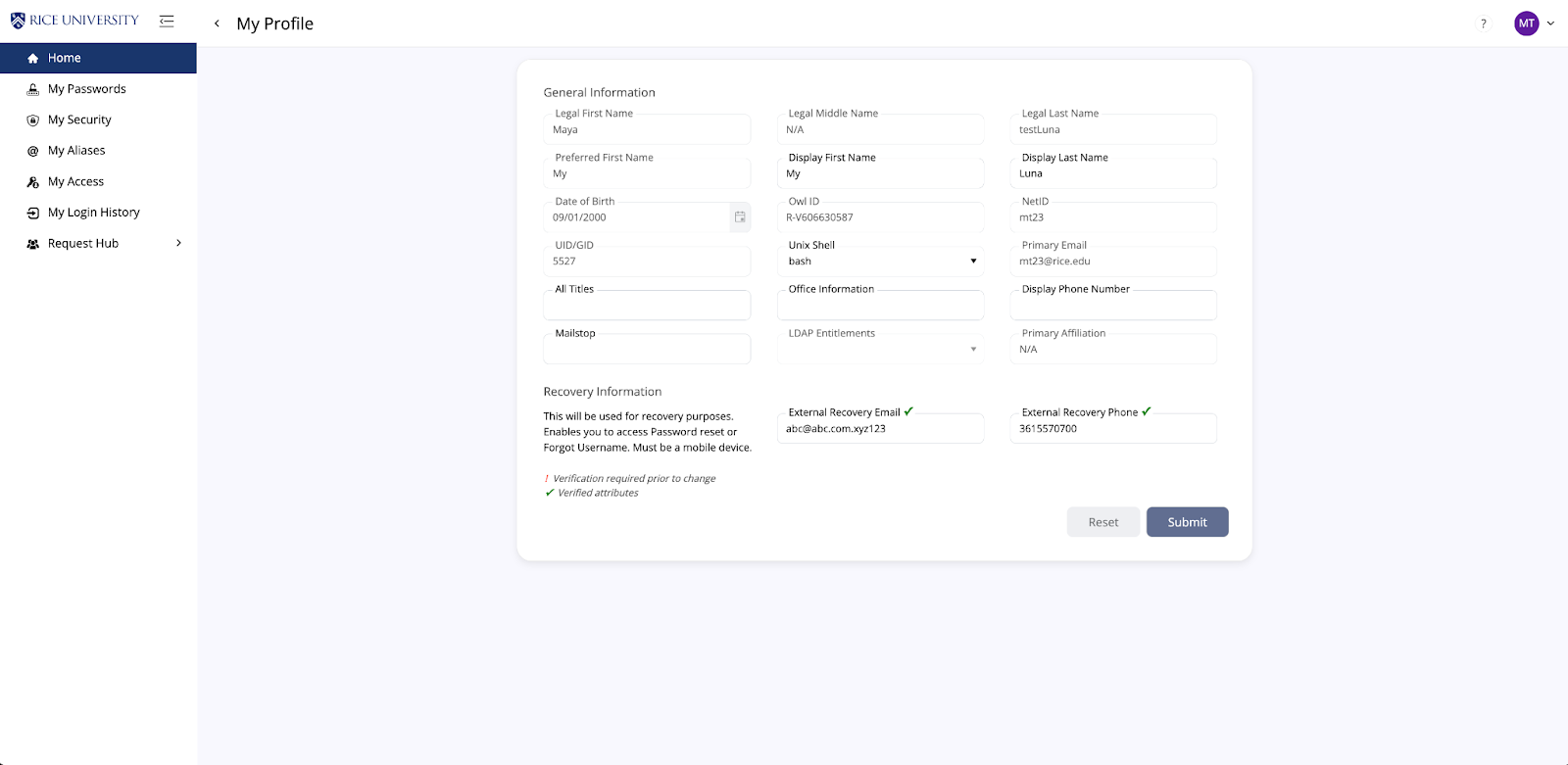 Screen displaying Rice Online Account Maintenance