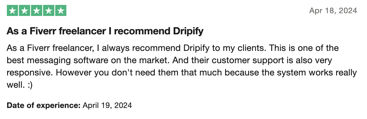 Positive Dripify customer support review.