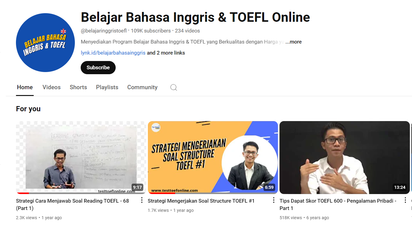 channel youtube belajar toefl Belajar Bahasa Inggris & TOEFL Online