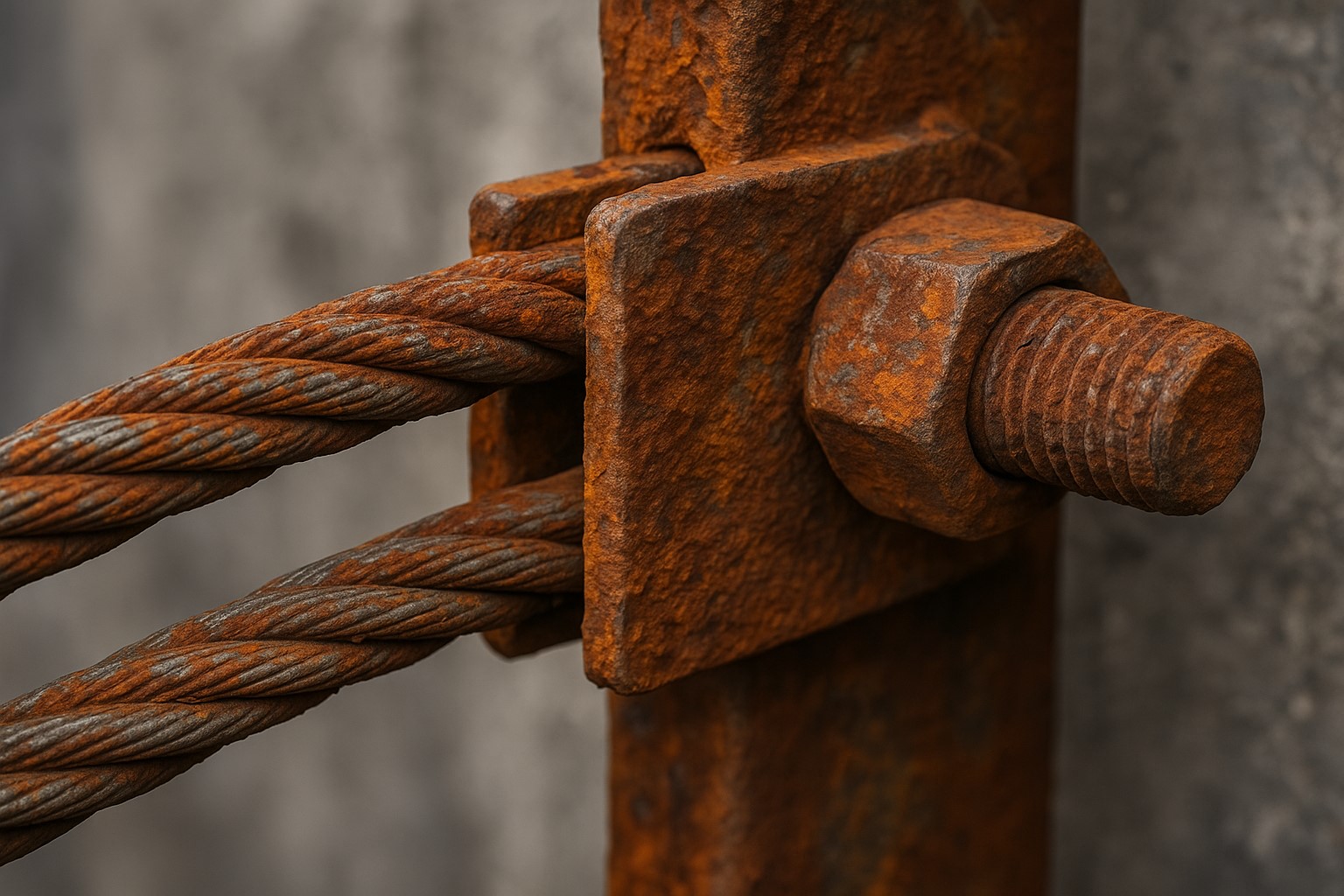 Close-up of heavily rusted garage door parts showing corroded steel cables, bolt, and hardware connection.