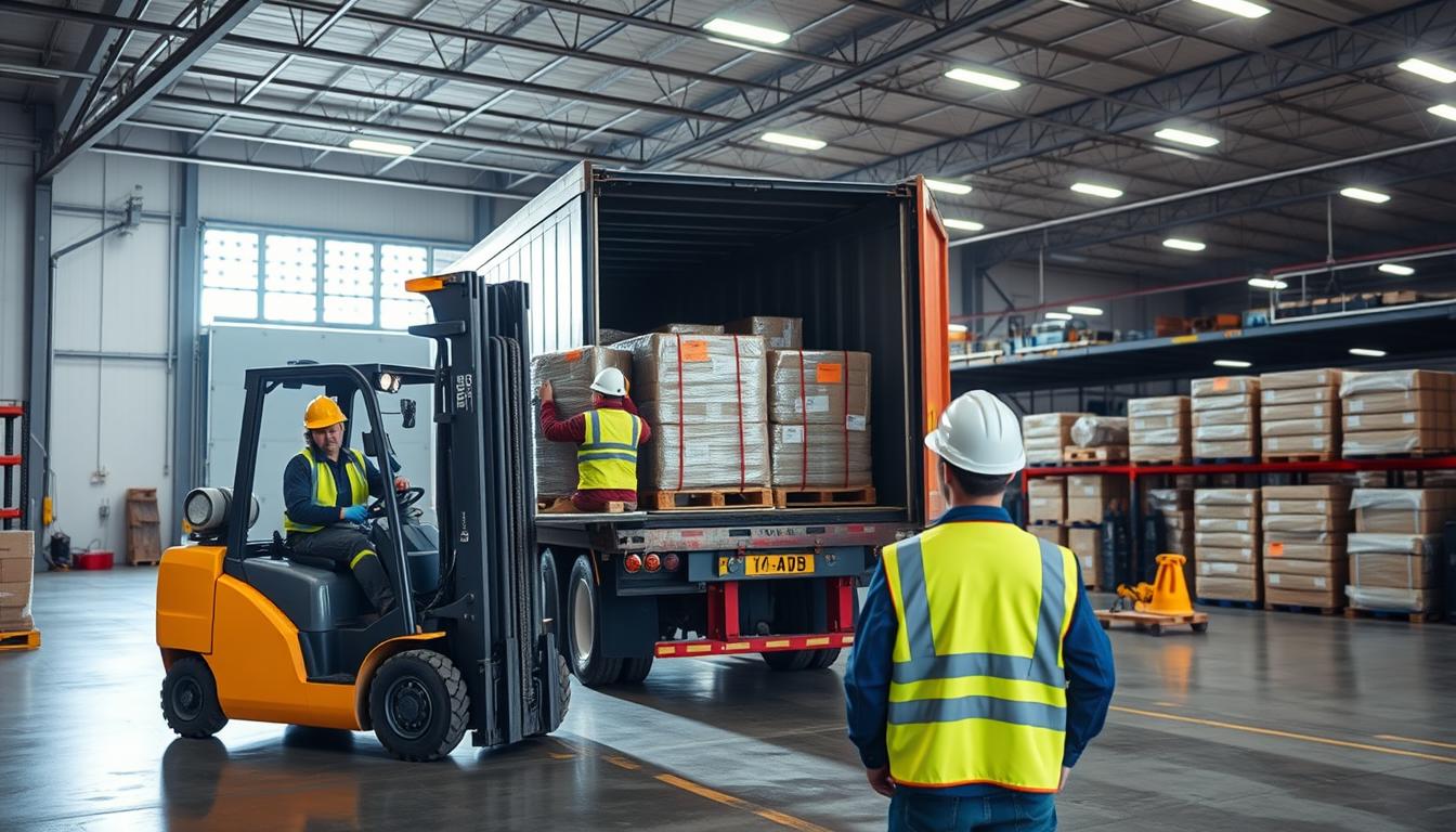 A well-lit warehouse interior with a forklift carefully maneuvering pallets onto a truck. In the foreground, workers wear high-visibility vests and hard hats, meticulously securing cargo. The middle ground showcases proper loading procedures, with clear signage and designated loading zones. The background depicts a clean, organized workspace with safety equipment and protocols in place. The lighting is bright and even, casting long shadows that convey a sense of professionalism and attention to detail. The overall atmosphere exudes a balance of efficiency and caution, reflecting the technical and human elements of safe loading and unloading practices.