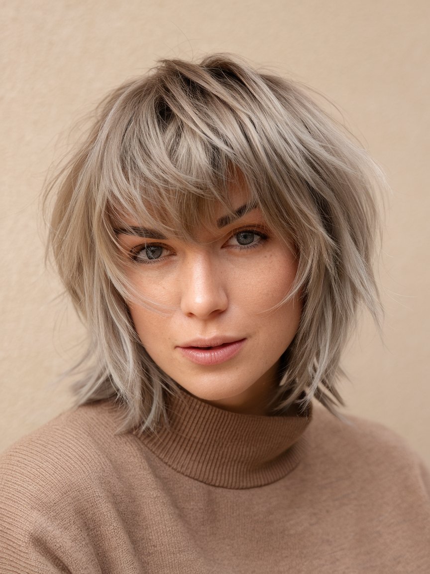 41. Feathery Pixie Cut with Long Bangs