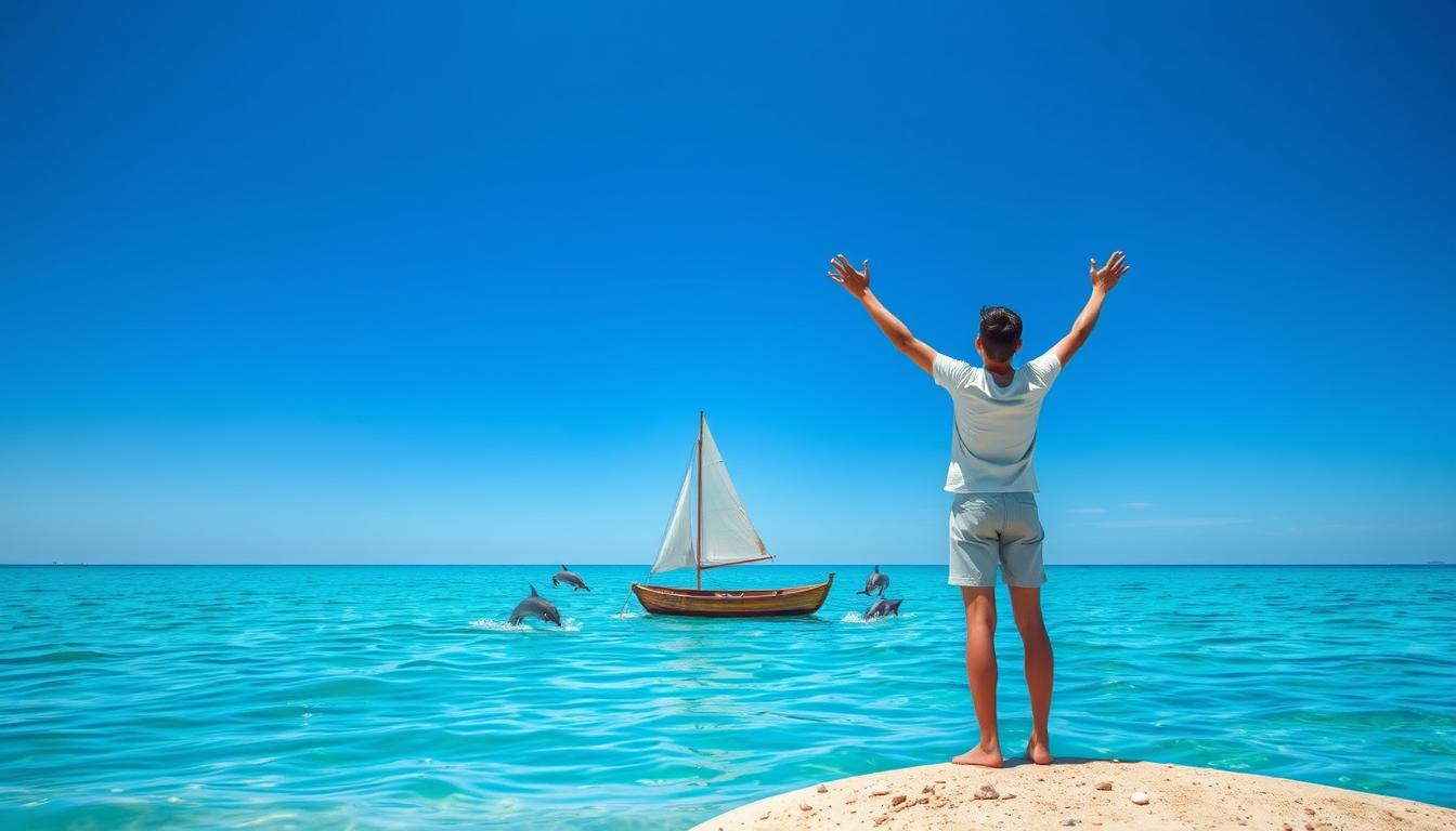 A vast and tranquil sea with a clear blue sky as the background. A person is standing at the shore, arms raised, facing the horizon. Their body language shows a sense of surrender and trust. In front of them, there is a boat waiting to take them on their manifestation journey. The boat is simple but sturdy, with a white sail that flutters in the wind. Surrounding the boat are dolphins, seemingly guiding it towards its destination. The water is calm, but there are gentle ripples around the boat, representing the journey's exciting possibilities.