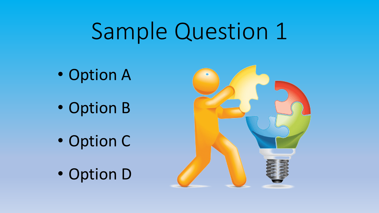 Sample Question slide with four Options and an image of a stickman fixing a multicolor bulb puzzle.