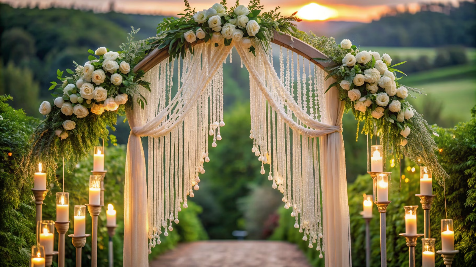 Arco de cerimônia ao ar livre com decoração de macramê e flores brancas.