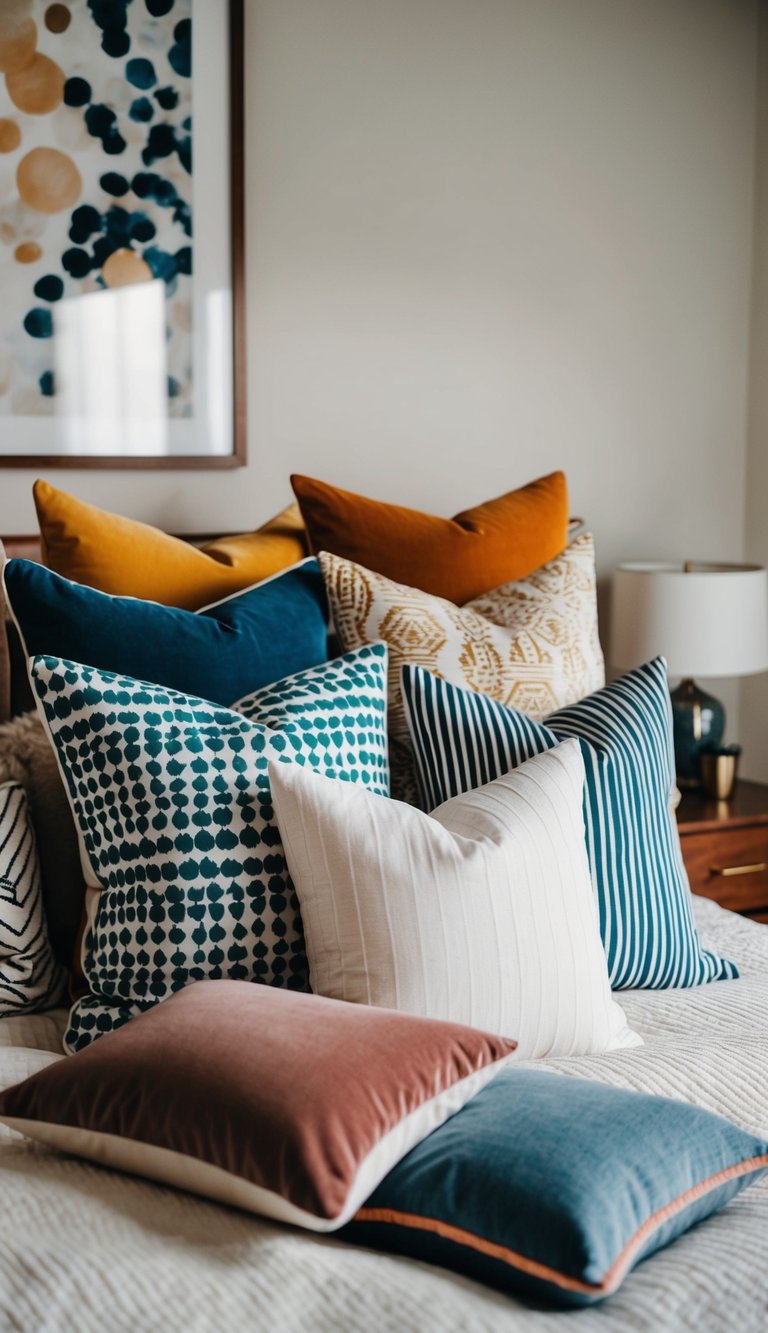 A bed with an assortment of decorative throw pillows, arranged in various patterns and colors, adding a cozy and stylish touch to the grown woman's bedroom