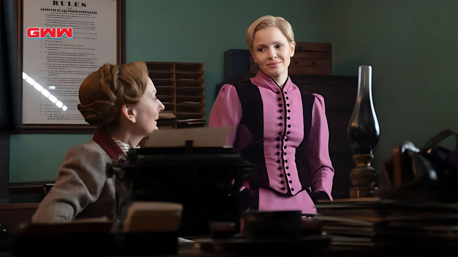 Kate Phillips as Eliza in office in Miss Scarlet and the Duke Have Season 5