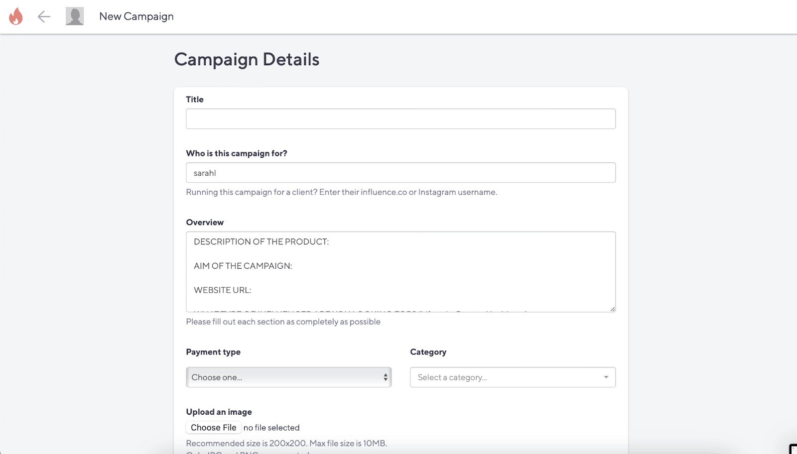 campaign creation on influence.co