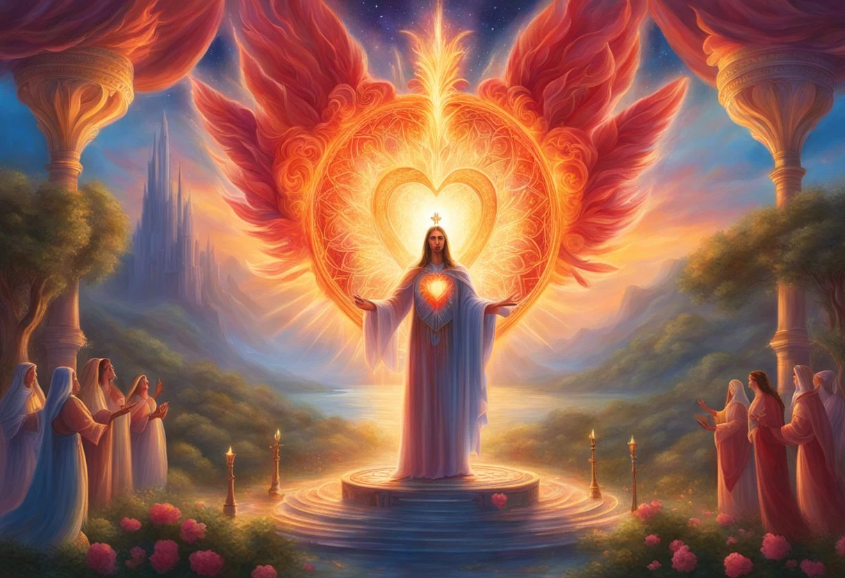 The scene depicts the sacred heart of Absolut, radiating illumination and vitality, symbolizing the fusion of heart concepts from the book "The Secret Power of Oneself" (chapter 8)