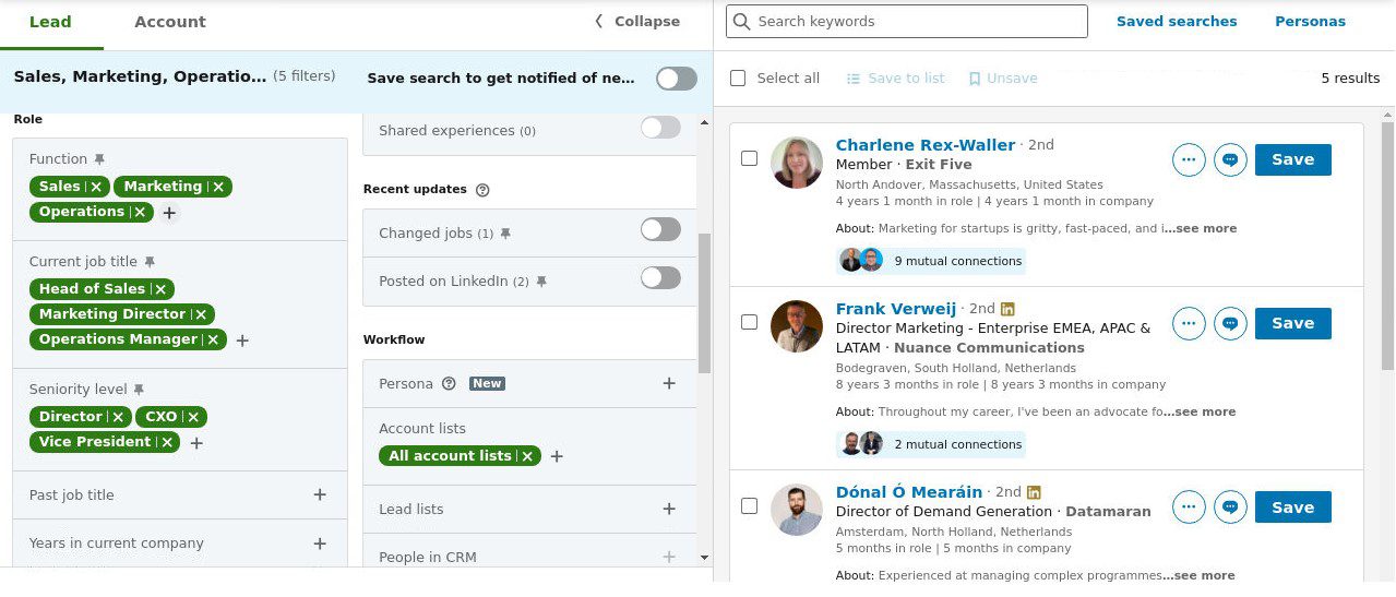 Search results for professional networking platform, with filters on role and job titles.