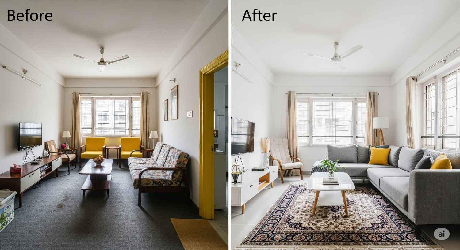 Split image showing transformation from cramped Bangalore apartment to spacious modern living area with optimized layout