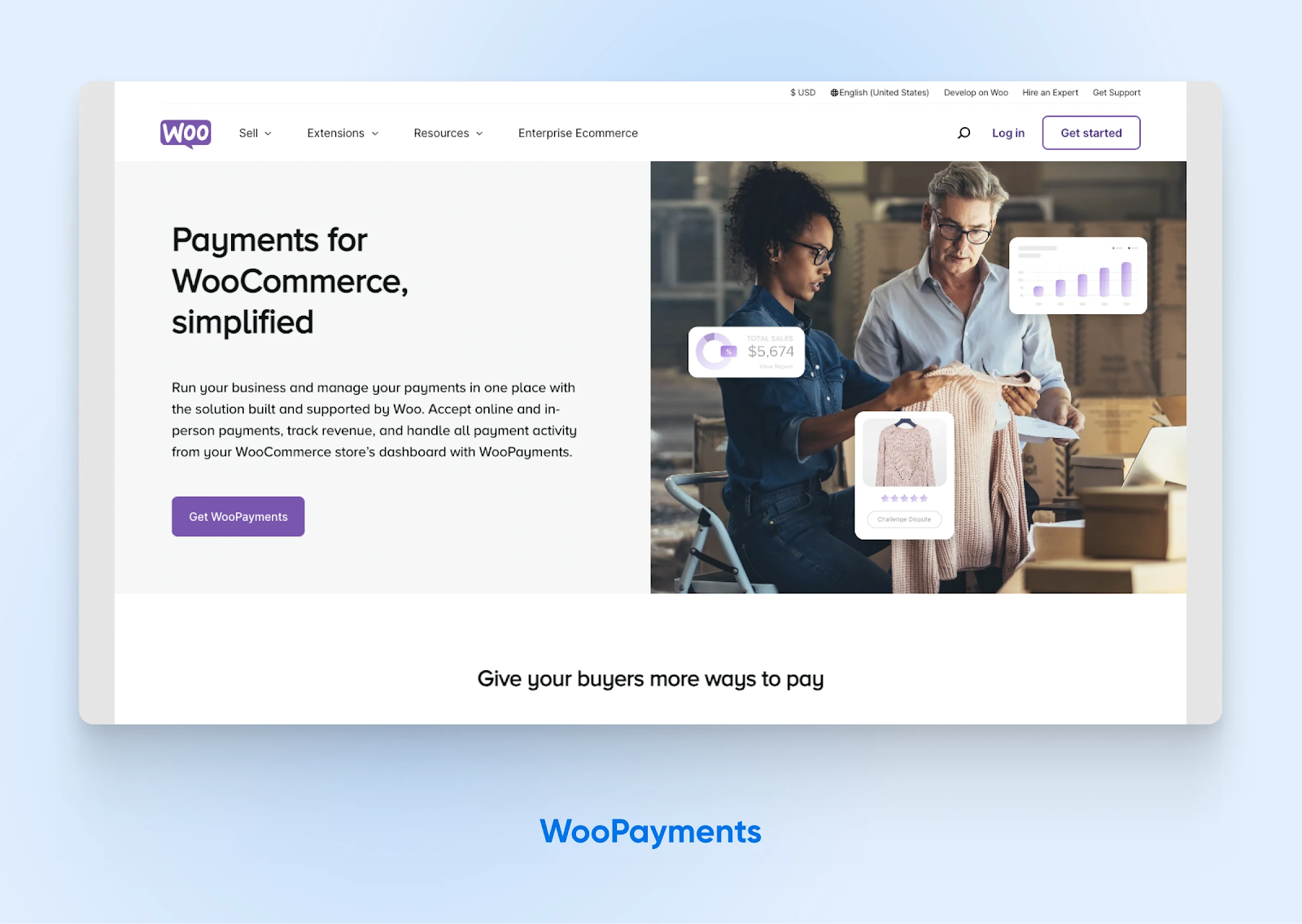 El título de la página de inicio de WooPayments dice: "Pagos para WooCommerce, simplificados".