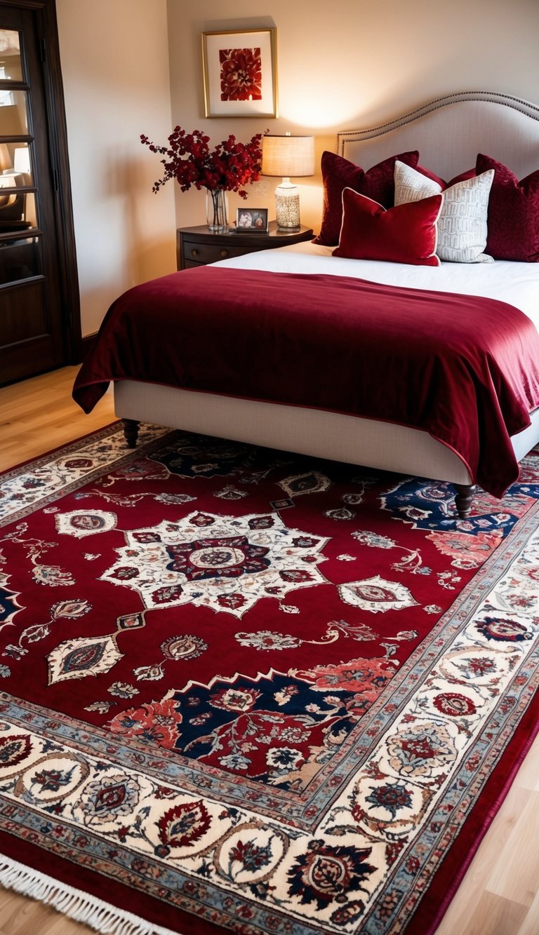 A luxurious Persian carpet with rich red hues anchors a elegant bedroom with 25 red-themed decor ideas