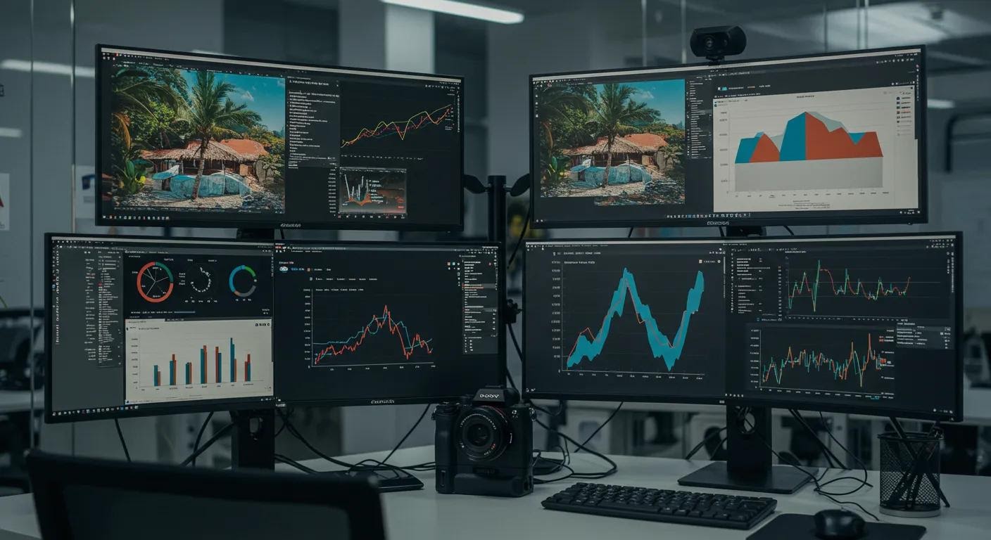 a sleek office setup features multiple monitors displaying vibrant graphs and analytics dashboards, showcasing real-time keyword tracking and performance metrics for an seo campaign focused on playas del coco.
